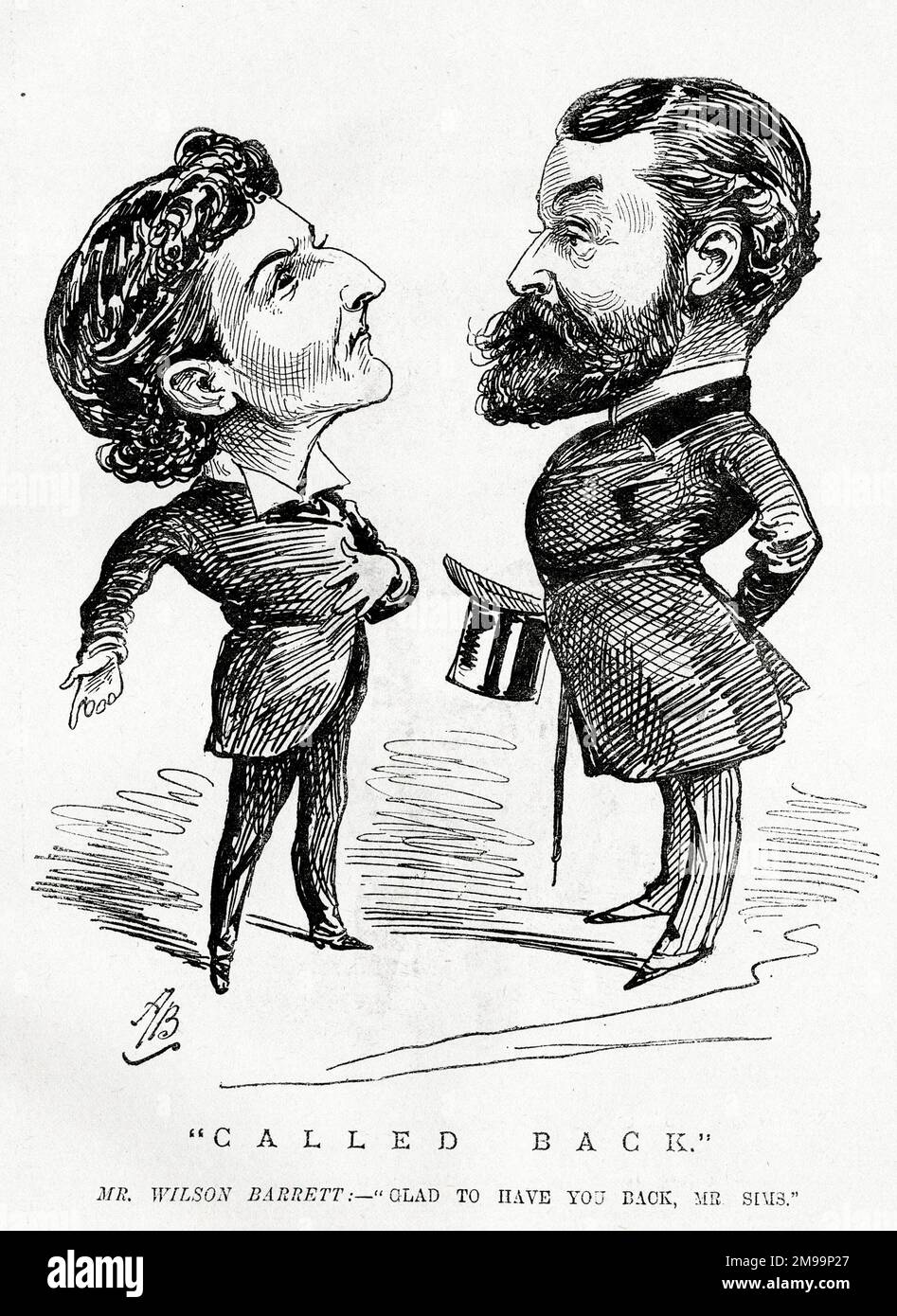 Cartoon, Zurückgerufen. Wilson Barrett (links), Schauspieler, Manager und Dramatiker - schön, dass Sie wieder da sind, Mr. Sims. George Robert Sims (rechts), englischer Journalist, Dichter, Dramatiker und Romanautor, hatte sich gerade von einer seiner häufigen Krankheiten erholt, die er von übermäßigem Genuss hatte. Stockfoto