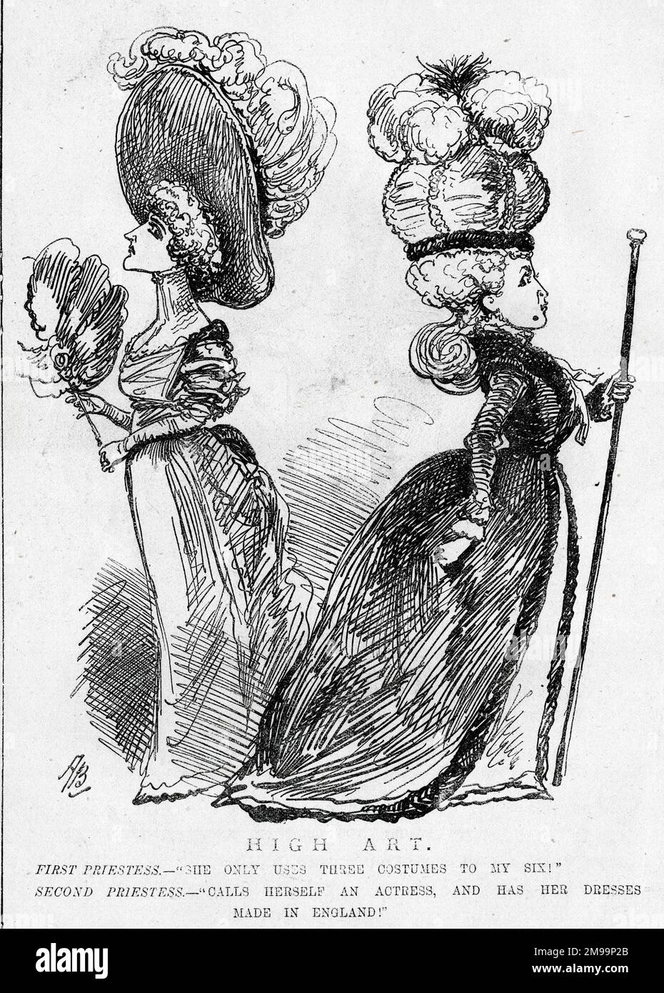 Cartoon, High Art - zwei rivalisierende Schauspielerinnen. Sie benutzt nur drei Kostüme für meine sechs! Sie nennt sich Schauspielerin und lässt ihre Kleider in England machen! Stockfoto