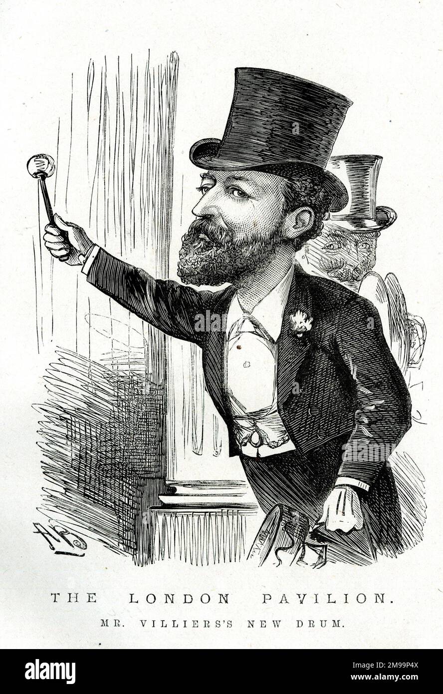 Cartoon, der London Pavillon, Mr. Villiers's New Drum. Robert Edwin Villiers (1830-1904) war Eigentümer der neu gebauten London Pavilion Music Hall de Luxe am Piccadilly Circus. Stockfoto