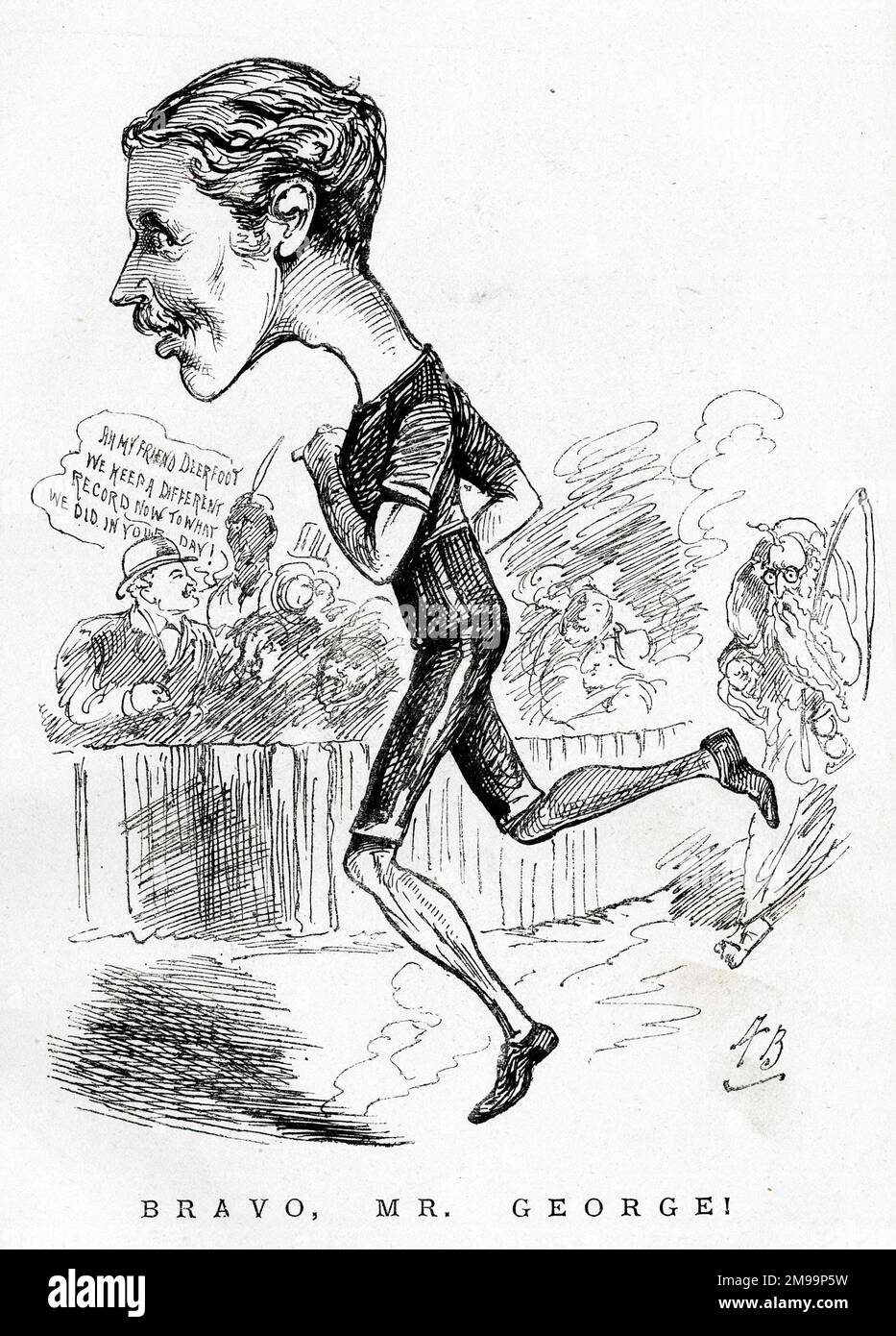 Cartoon, Bravo, Mr. George! Ein Zuschauer spricht mit dem indianischen Ureinwohner Deerfoot, der selbst auch ein Läufer ist. Walter Goodall George (1858-1943) war ein britischer Läufer, der 1885 Profi wurde. Stockfoto