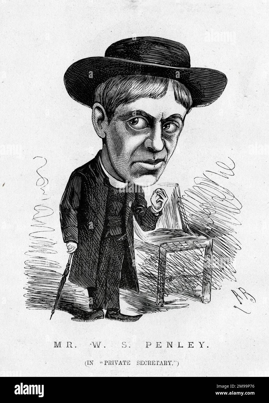 Cartoon, William Sydney Penley (1851-1912), englischer Schauspieler, Sänger und Komiker, im Privatsekretär, eine Farce von Charles Hawtrey. Stockfoto