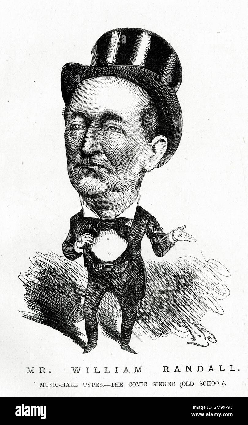 Cartoon, Mr. William Randall, Music-Hall-Typen - der Comic-Sänger (alte Schule). Thomas William (Harry) Randall (1857-1932) war ein britischer Schauspieler in Vaudeville, der seine berufliche Karriere als Comedic-Sänger in der Musikhalle von Deacon 1883 begann. Stockfoto