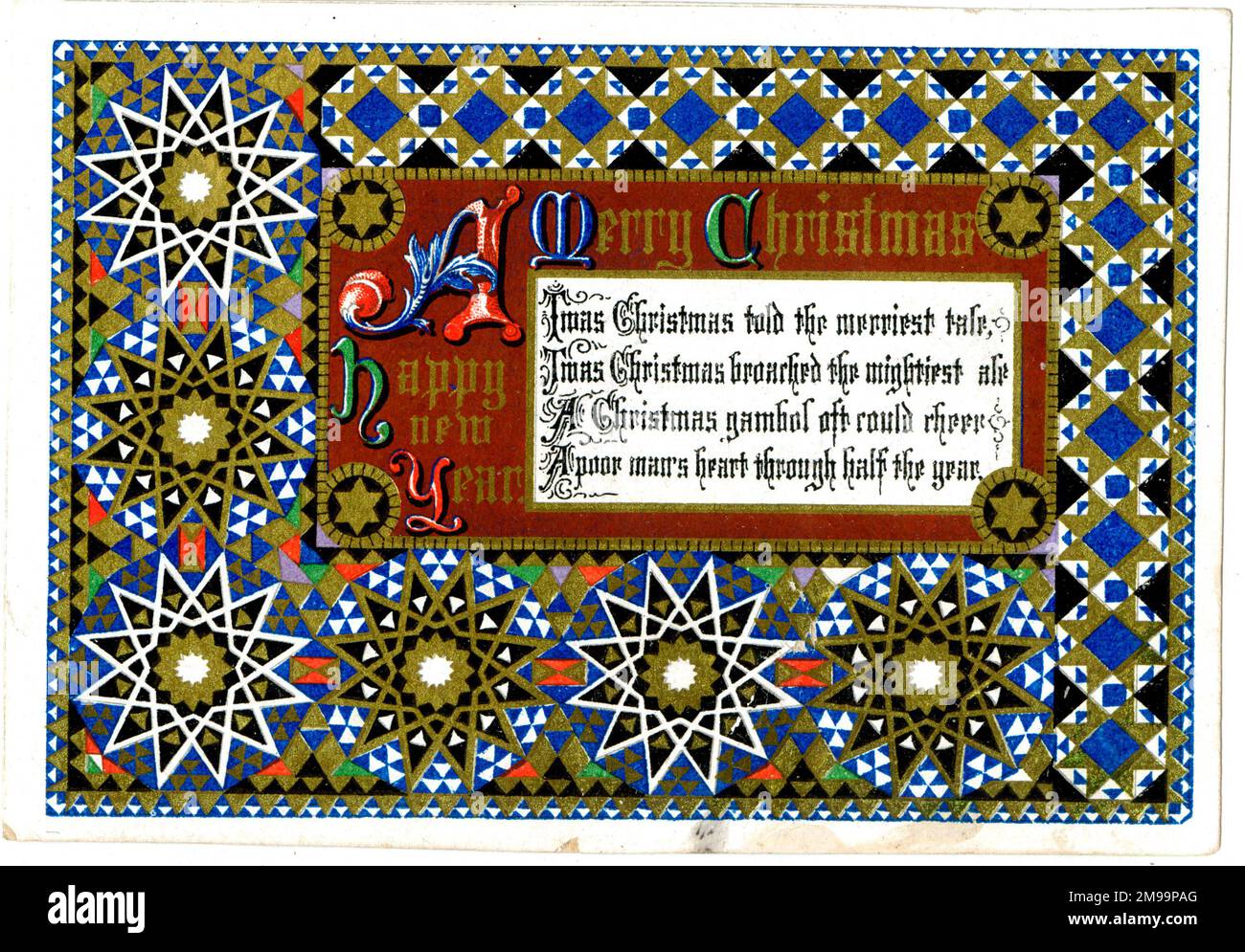 Weihnachtskarte mit geometrischen Designs und Versen in gotischer Schrift. Stockfoto