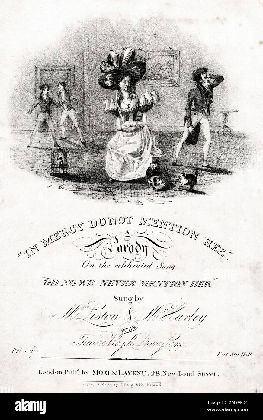 In Mercy erwähne sie nicht, eine Parodie über das gefeierte Lied "Oh nein, wir erwähnen sie nie", gesungen von Mr. Liston und Mr. Harley, im Theatre Royal, Drury Lane, London. Stockfoto
