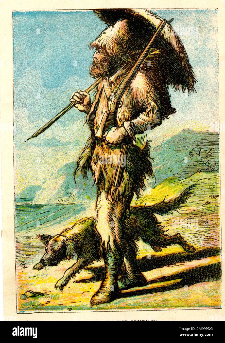Robinson Crusoe geht mit seinem Hund am Strand seiner einsamen Insel spazieren. Stockfoto