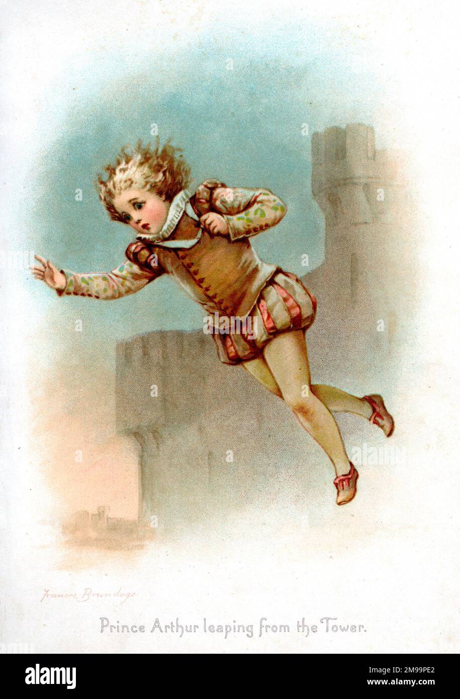 Prinz Arthur springt vom Turm. Prinz Arthur, Herzog von Bretagne, wurde eingesperrt und verschwand dann - die Geschichte seines Sturzes von einem Turm stammt wahrscheinlich aus Shakespeares Stück, King John. Stockfoto