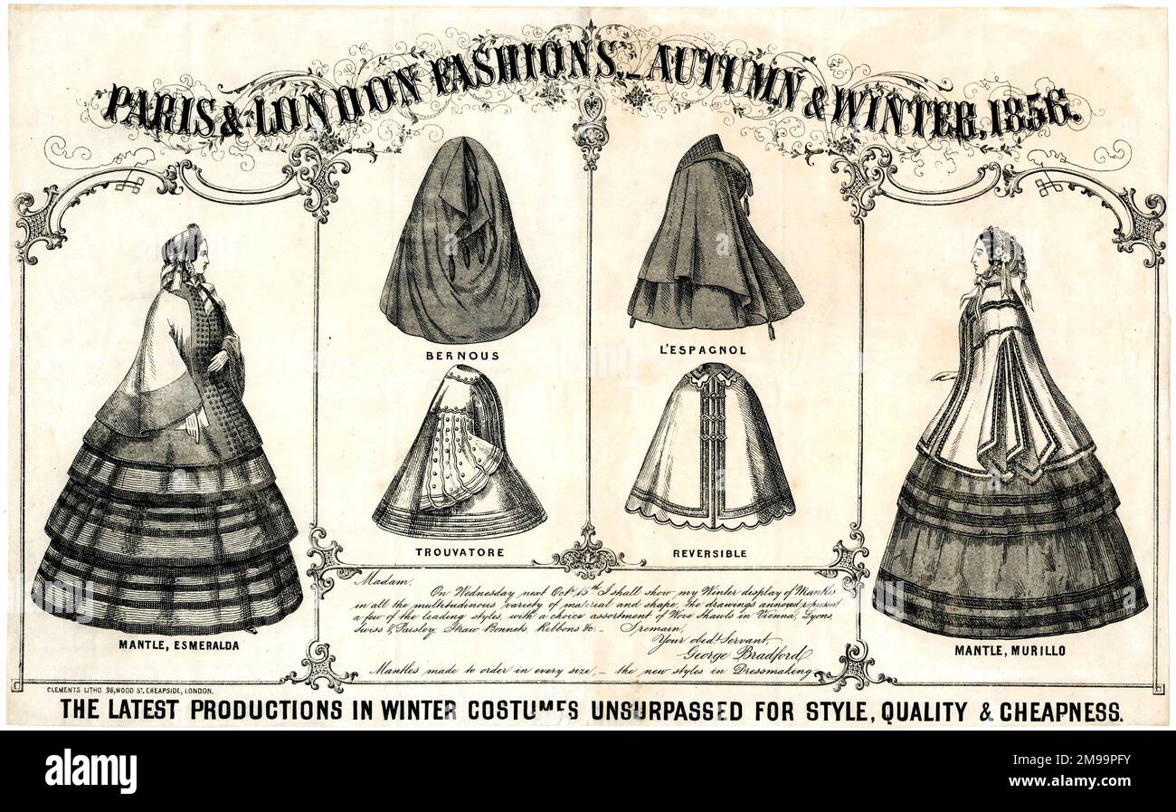 Werbung, Paris und London Damenmode für Herbst und Winter 1856. Stockfoto