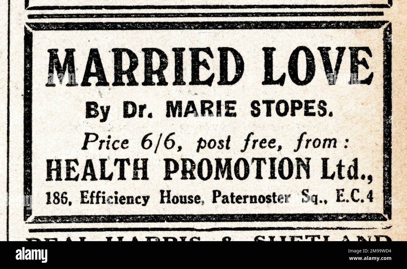 Werbung, verheiratete Liebe von Dr. Marie Stopes. Stockfoto