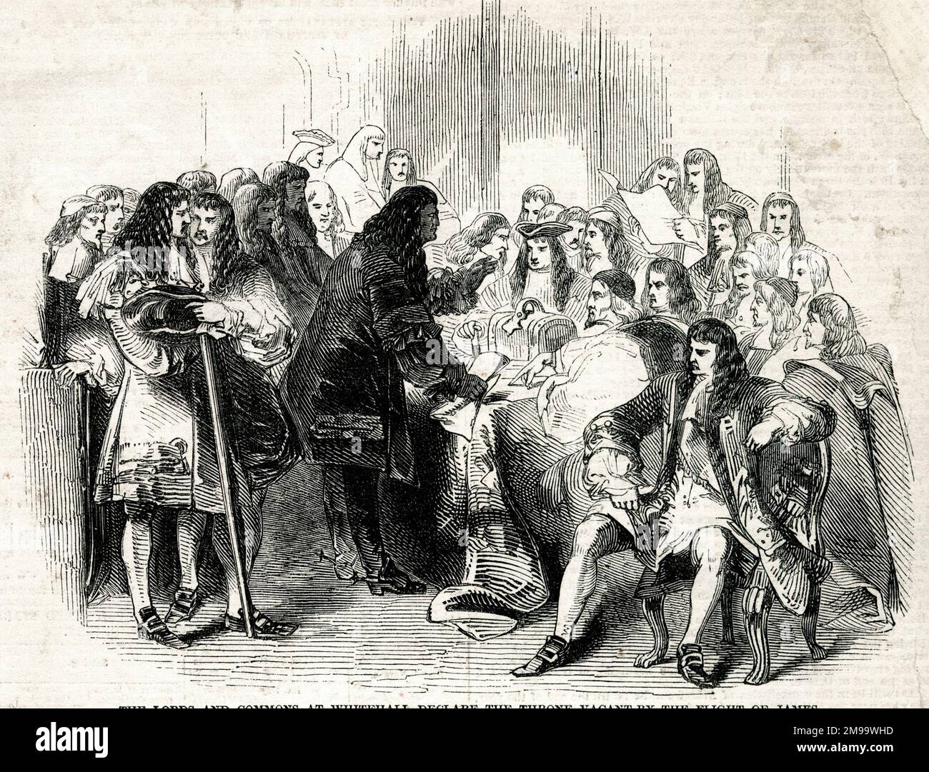 Das Parlament erklärt den britischen Thron nach dem Flug von James II. Im Jahr 1688 für frei. Stockfoto