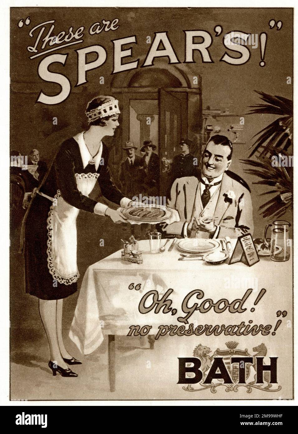 Werbespot, Speere's Sausages of Bath - Oh, gut! Kein Konservierungsmittel! Stockfoto