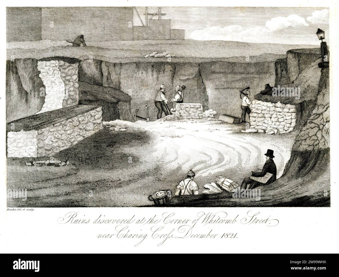 Ruinen an der Ecke Whitcomb Street, in der Nähe von Charing Cross, London, 1821. Dezember. Stockfoto