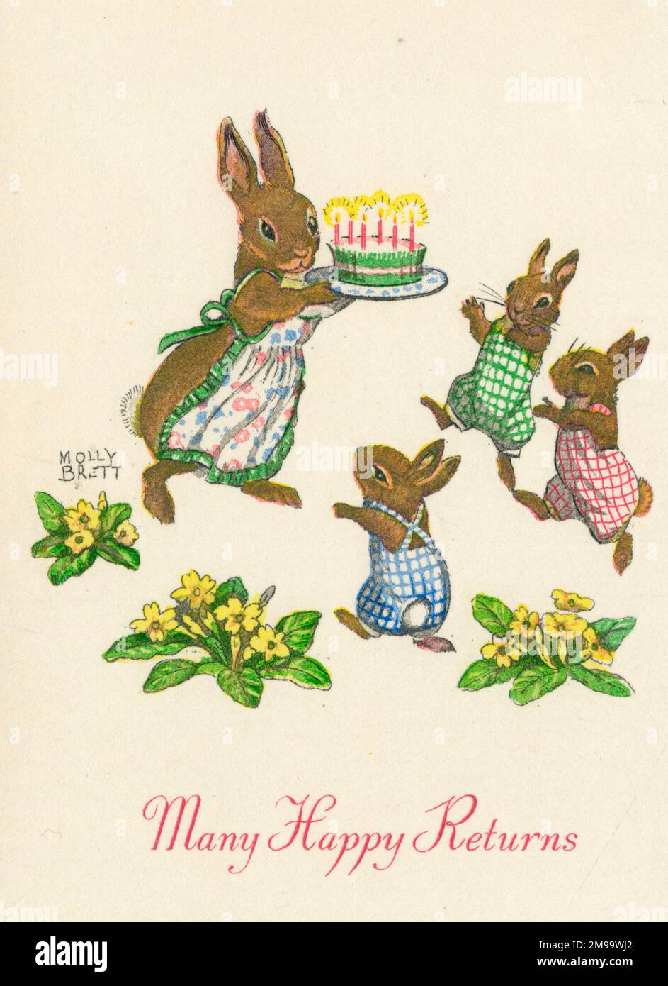 Geburtstagskarte, viele Glückwünsche, Kaninchen mit Kuchen. Stockfoto