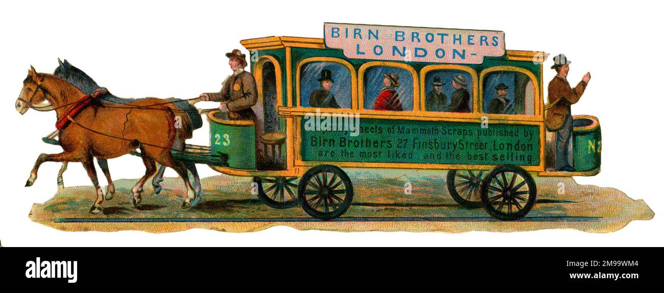 Viktorianischer Schrott, Birn Brothers, Finsbury Street, London, Pferdebahn mit Passagieren. Stockfoto