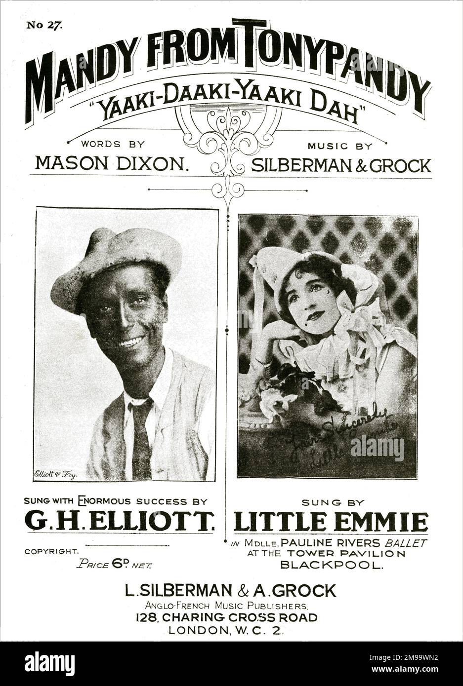 Titelblatt - Mandy aus Tonypandy 'Yaaki-daaki-yaaki dah' - Worte von Mason Dixon und Musik von Silberman & Grock. Mit enormem Erfolg gesungen von G. H. Elliott und Little Emmie (im Mademoiselle Pauline Rivers Ballet im Tower Pavilion, Blackpool). Veröffentlicht von L. Silberman & A. Grock Stockfoto