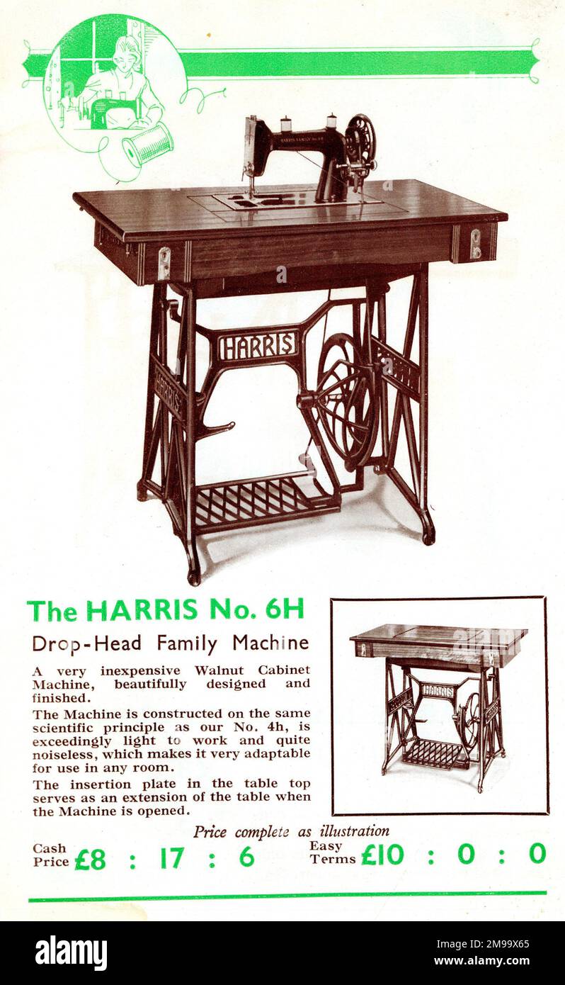 Harris-Nähmaschine, Maschine der Familie mit abgesenktem Kopf, Modell-Nr. 6H. Stockfoto