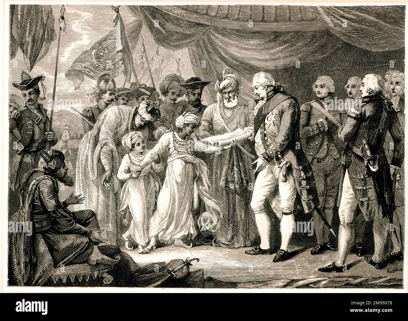Lord Cornwallis empfängt die Söhne von Tipu Sultan als Geiseln. Stockfoto