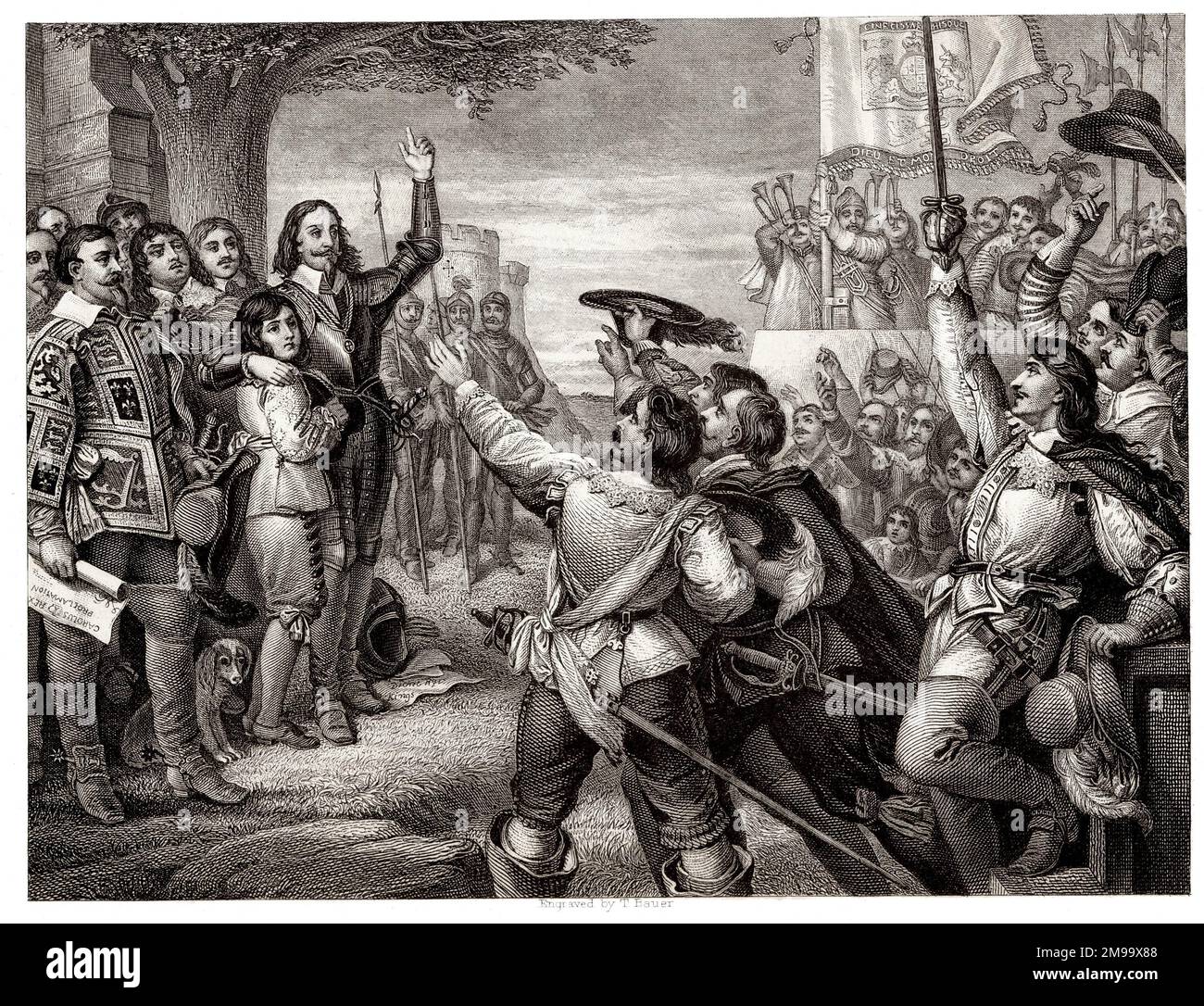 Eröffnungsszene des Englischen Bürgerkriegs - Charles I. hebt seinen Standard in Nottingham. Stockfoto