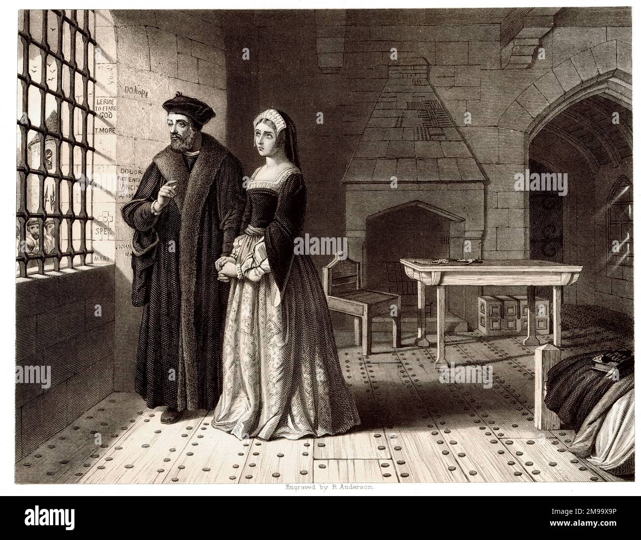Sir Thomas More und seine Tochter Margaret starrten durchs Fenster auf Mönche, die zur Hinrichtung gehen. Stockfoto