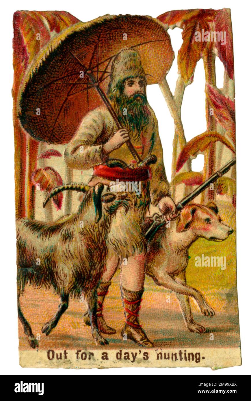 Viktorianischer Schrott, Robinson Crusoe ist für einen Tag auf der Jagd mit seinem Hund und seiner Ziege. Stockfoto