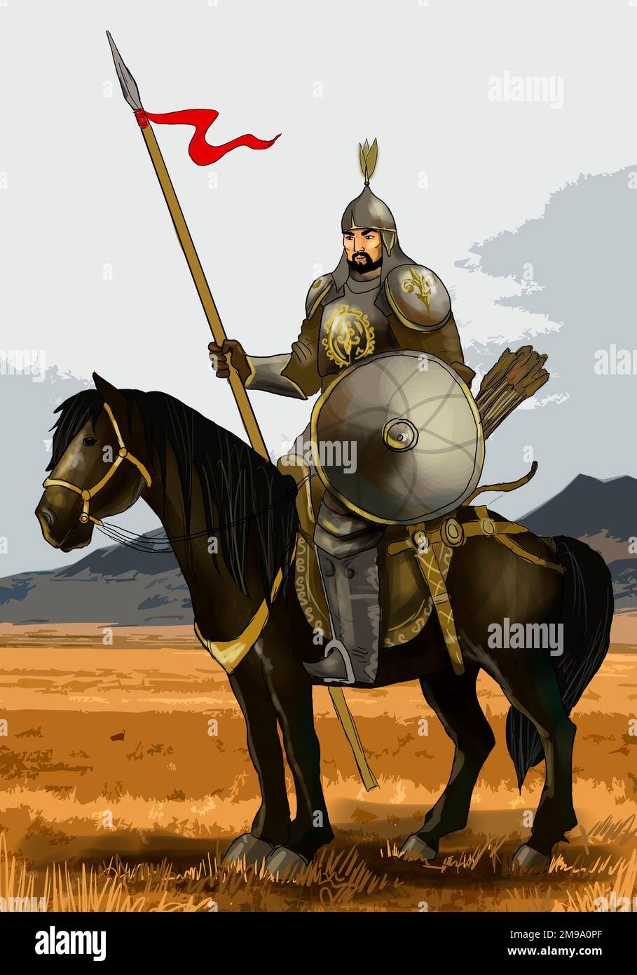 Koblandy Batyr, Kasachischer Held und Krieger des Kara-Kipshak-Stammes, dessen Helden in Kämpfen mit Kalmyk-Kriegern durch Volkslegenden und Epos bekannt waren. Er war eine legendäre Figur, die in den Köpfen der Menschen zu einer historischen Person wurde. Stockfoto