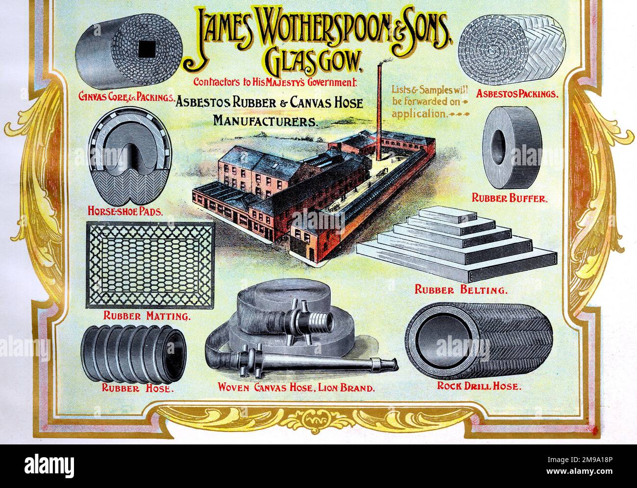 James Wotherspoon, Hersteller von Asbestkautschuk- und Segelschläuchen, Glasgow - Schottlands industrielles Souvenir 1905. Stockfoto