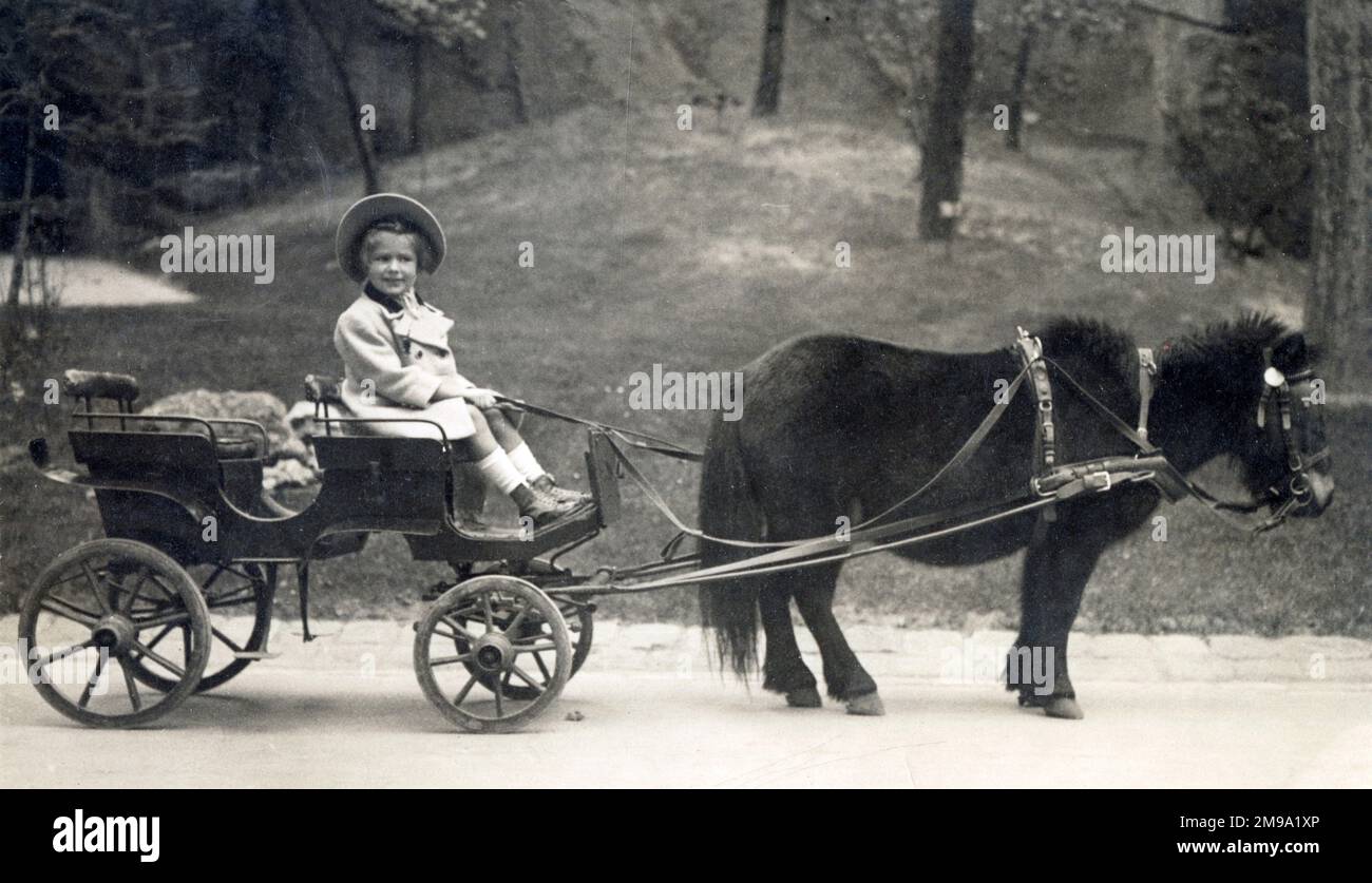 Ungarn - Junges Mädchen an den Zügeln eines Miniatur-Ponywagens. Stockfoto