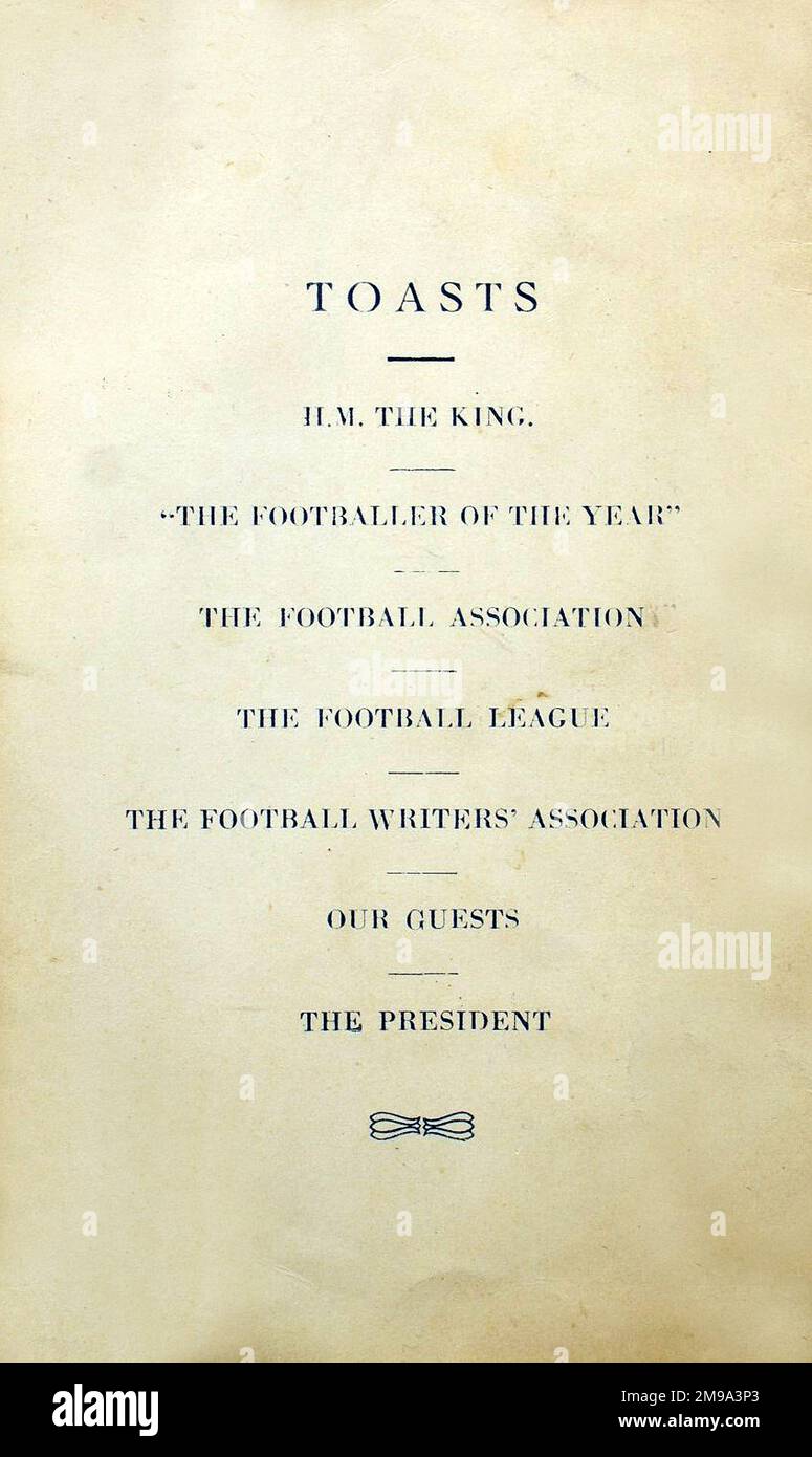Football Writers' Association - 1. Jährliches Dinner im Hungaria Restaurant, Dorland House, 14-18 Regent Street, London, SW1 am 23. April 1948 - mit der Präsentation einer „Statuette“ für den „Fußballer des Jahres“. Präsident: Herr Ivan Sharpe "unter dem Vorsitz". Abendmenü, Rückseite mit einer Liste von Toasts. Stockfoto