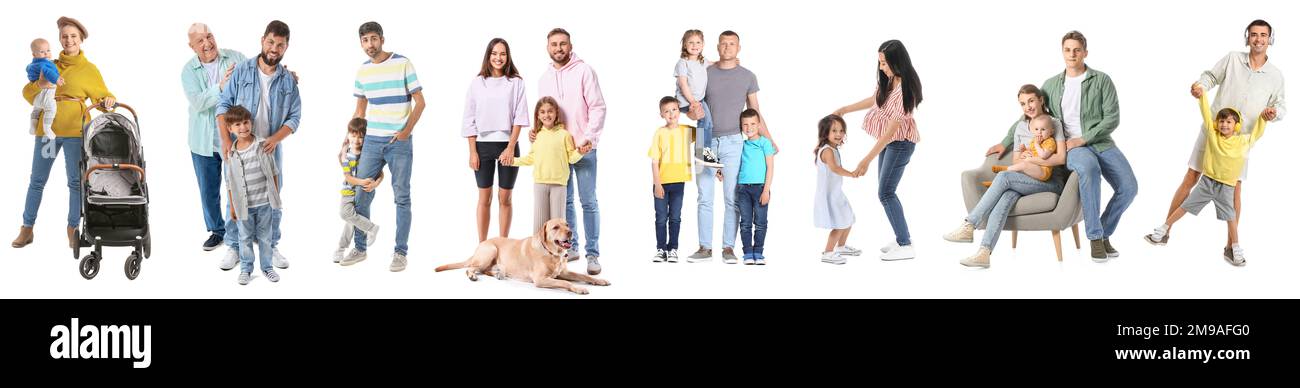 Sammlung glücklicher Familien mit weißem Hintergrund Stockfoto