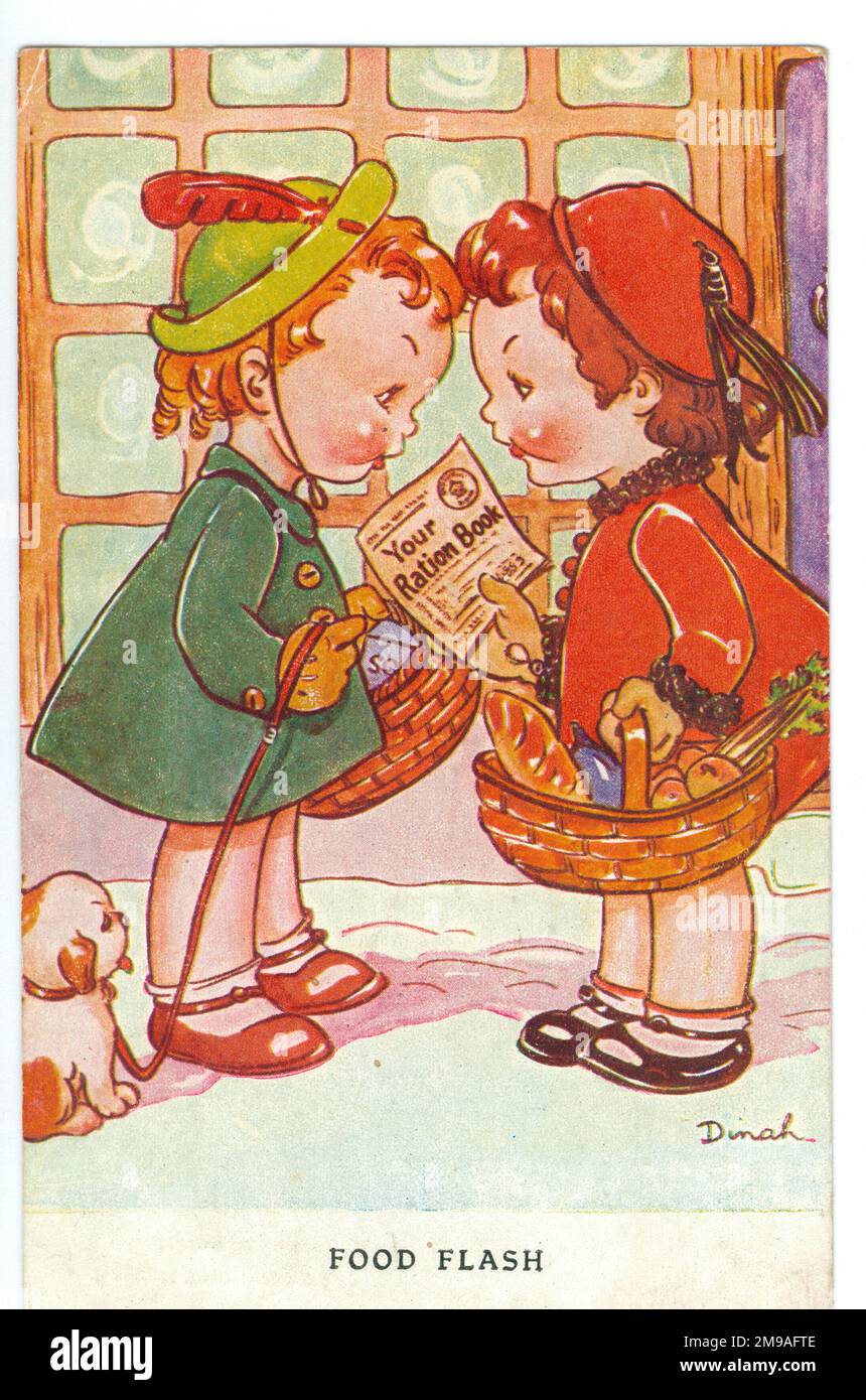 Die Bildunterschrift auf der Postkarte lautet „Food Flash“. Die Mädchen reden über die neuesten Rationierungsnachrichten. 1942 wurden sogar Süßigkeiten rationiert. Süße Kinder-WW2-Kriegs-Humor Stockfoto