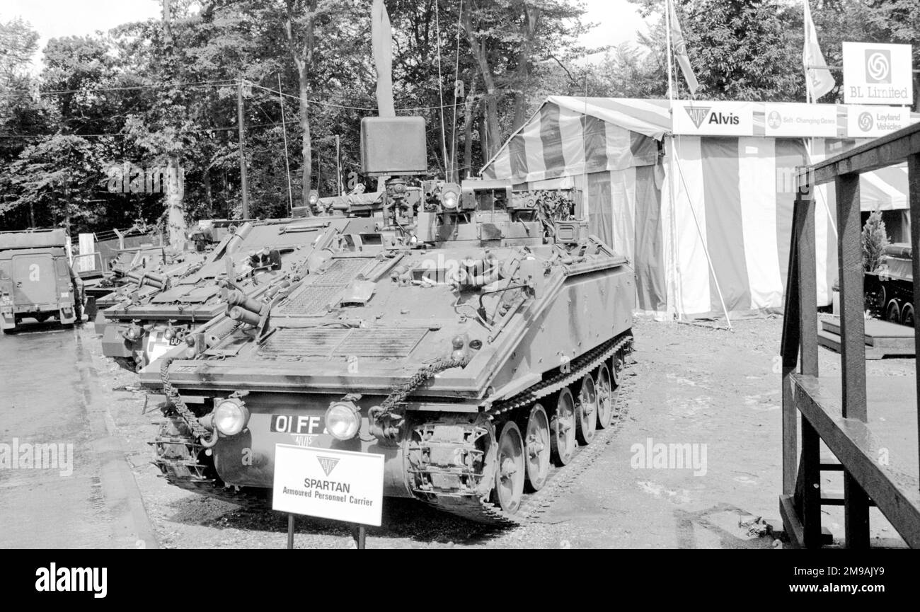Alvis FV102 Striker, FV104 Samaritan, FV106 Samson und FV103 Spartan, auf der British Army Equipment Exhibition, die vom 23-27. Juni 1980 in Aldershot stattfand. Stockfoto