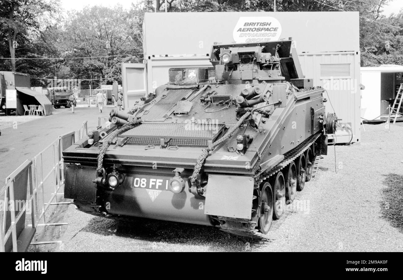Alvis FV102 Striker Panzerabwehr-APC, bewaffnet mit Swingfire-Raketen, auf der British Army Equipment Exhibition, die vom 23-27. Juni 1980 in Aldershot stattfand. Stockfoto