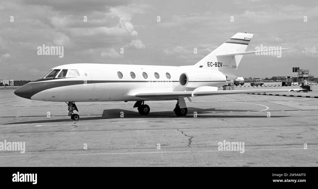Dassault Falcon 20E EC-BZV (msn 253) vom Sekretariat der Zivilluftfahrt am Internationalen Flughafen Madrid. Später betrieben von der spanischen Luftwaffe (Ejercito del Aire), AS T.11-1 und TM.11-1. Stockfoto