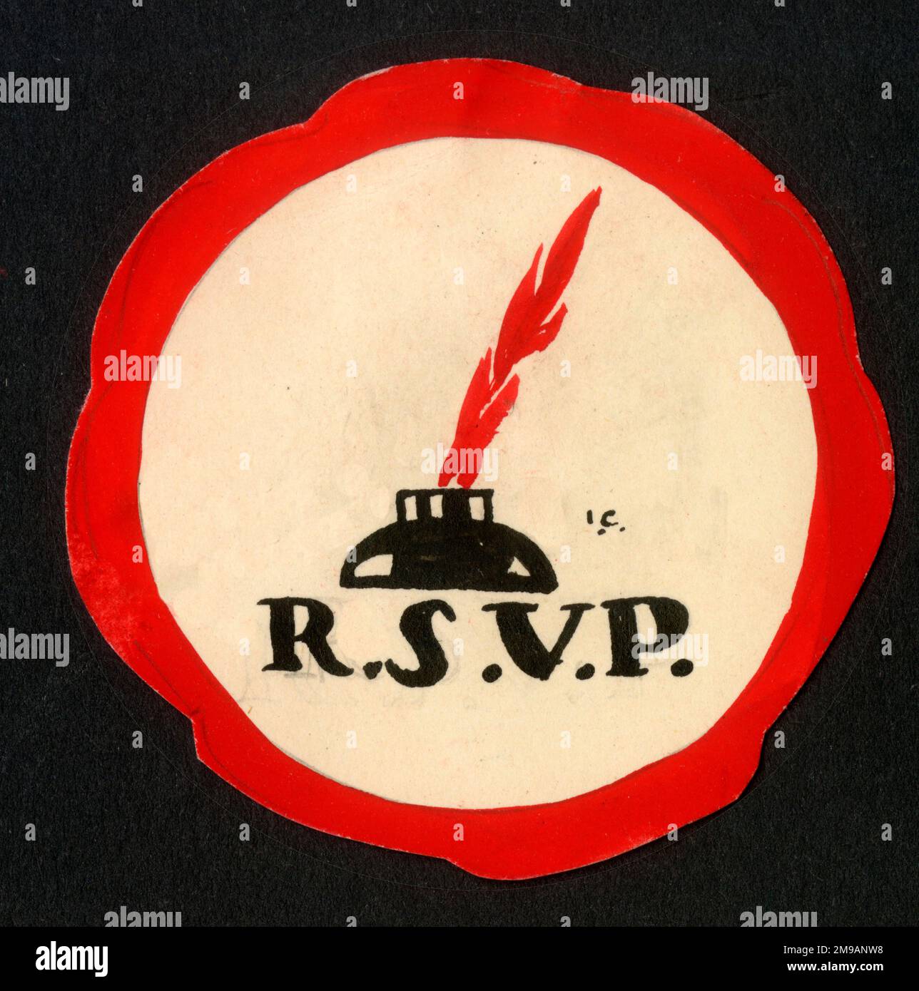 Kleiner runder Geschenkanhänger – Originalkunstwerke – RSVP – Tintenbehälter und Federstift. Stockfoto