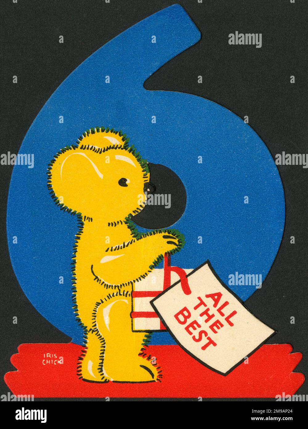 Design für eine neuartige 6.-Geburtstagskarte mit einem Teddybär und einer großen blauen Zahl. Stockfoto