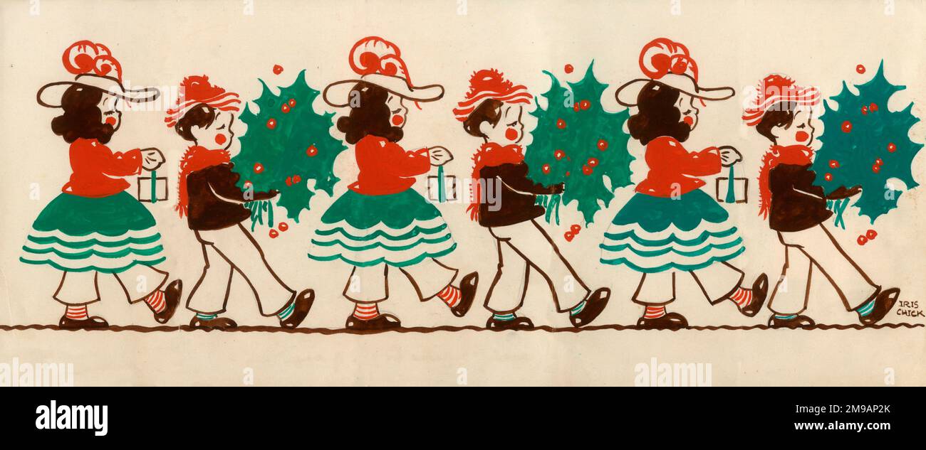 Original Artwork – Gemaltes Design für eine faltbare Kinderweihnachtskarte mit drei Jungen und drei Mädchen, die Geschenke und Holly tragen. Stockfoto