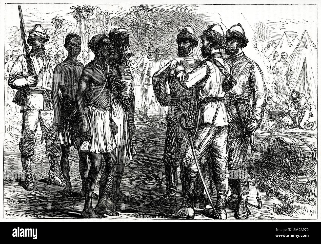 Empfang der Botschafter von König Kofi Karikari im englischen Lager, im Dritten Anglo-Ashanti-Krieg oder bei der ersten Ashanti-Expedition (1873-1874, um in Kumasi festgehaltene europäische Missionarskapitäne zu retten), Westafrika (Ghana). Der im Juli 1874 unterzeichnete Vertrag von Fomena beendete den Krieg. Stockfoto