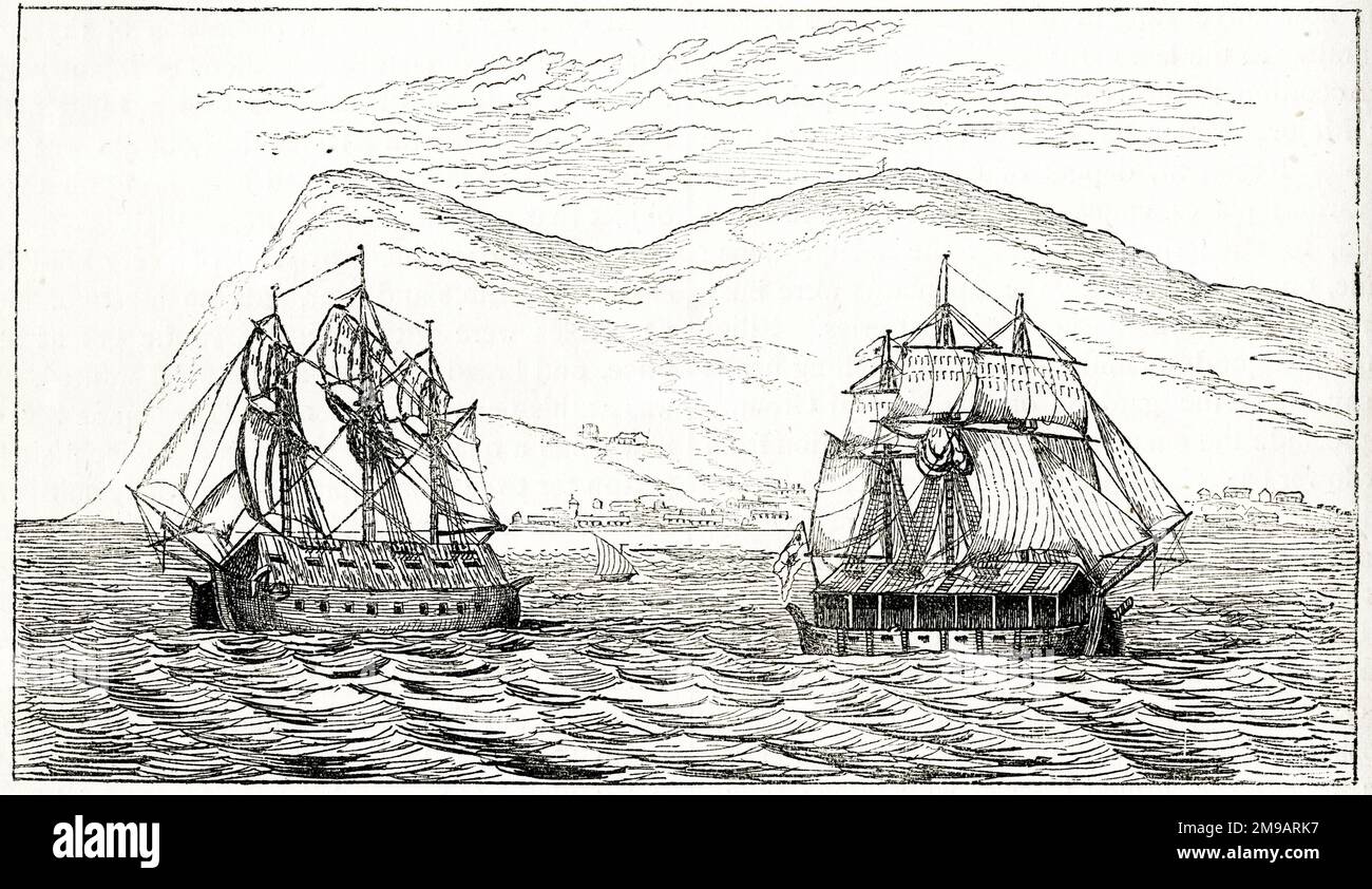 Spanische Kampfschiffe, Backbord und Steuerbord, benutzt zwischen 1781 und 1783 während der großen Belagerung von Gibraltar. Stockfoto