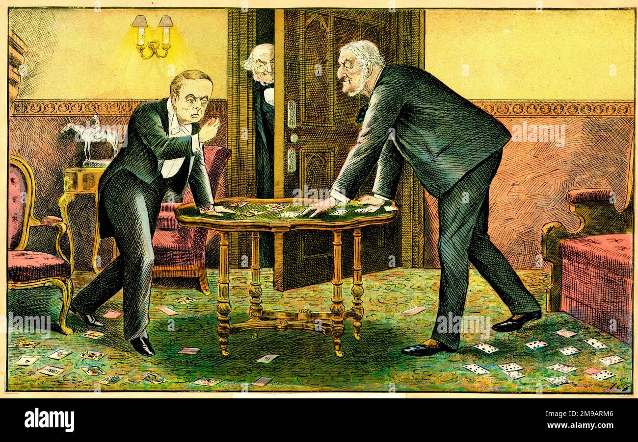 Politischer Zeichentrickfilm, auf dem Turn of the Card von Francis Carruthers Gould - Gladstone zieht durch die Tür. Stockfoto