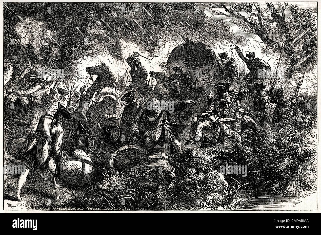 Generalmajor Edward Braddocks Truppe griff am 9. Juli 1755 während einer Expedition gegen das von Frankreich besetzte Ohio River Valley an; einige Tage später starb er an seinen Wunden. Die Schlacht fand in den frühen Stadien des Französischen und Indischen Krieges (1754–1763) statt. Stockfoto