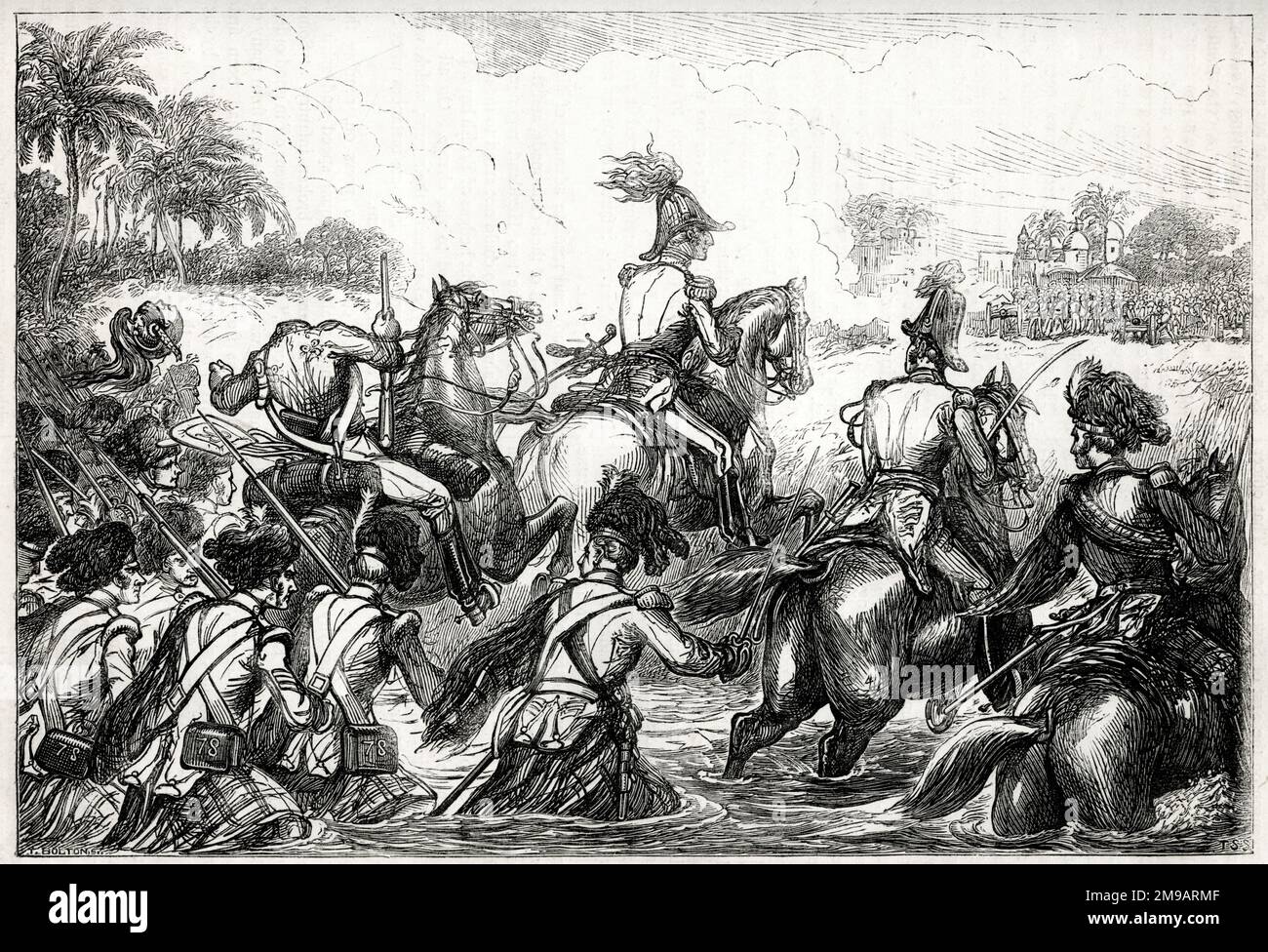 General Sir Arthur Wellesley (später Herzog von Wellington) fording the River Kaitna, Battle of Assaye, West India, 23. September 1803, between the Maratha Empire and the British East India Company, während des zweiten Anglo-Maratha Krieges (1803-1805). Gegen 15:00 gingen die Briten zum nördlichen Ufer der Kaitna, ohne Gegner zu sein, abgesehen von einem weit entfernten Schikanenfeuer der Maratha-Kanone, das größtenteils ungenau war, aber es gelang, Wellesleys Dragunenpfleger zu enthaupten, wie in dieser Abbildung gezeigt. Stockfoto