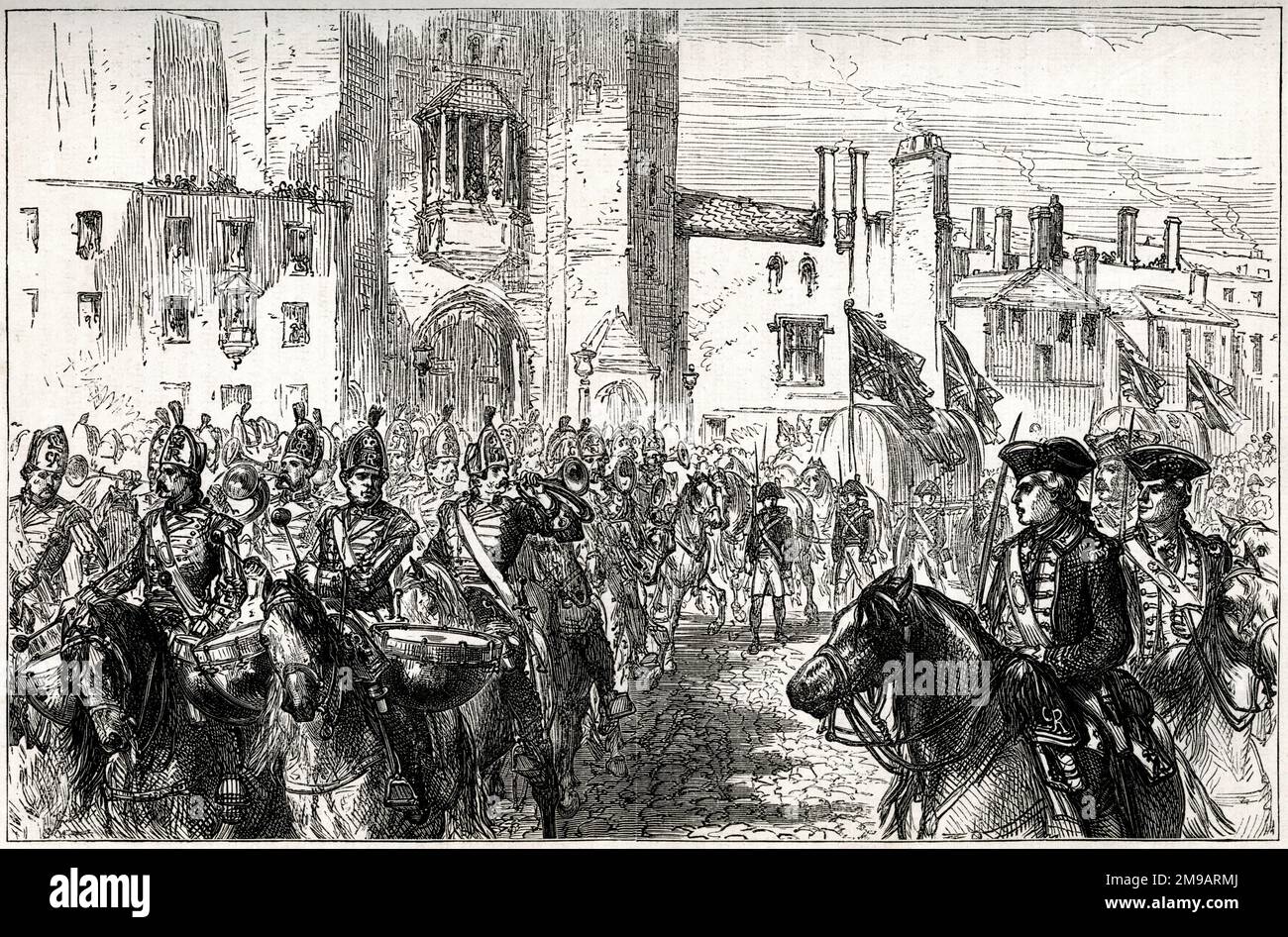 Nach der Belagerung von Havanna, Kuba, von März bis August 1762, die mit einem britischen Sieg gegen die Spanier endete, wurden Gold und Silber am 12. August 1762 auf dem Weg zum Tower durch die Straßen Londons geführt. Hier sehen Sie den St. James's Palace, wo König George III. Zeuge werden kann - der zukünftige König George IV. Wurde am selben Tag dort geboren. Stockfoto