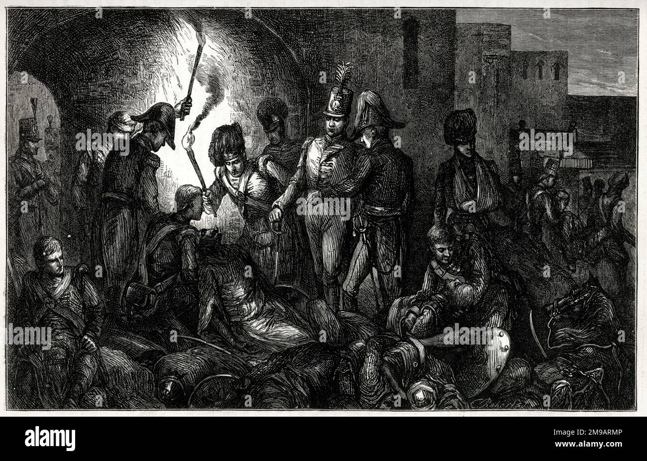 Entdeckung der Leiche von Tipu Sultan, Belagerung von Seringapatam, Indien, 4. Mai 1799, Ende des vierten Anglo-Mysore-Krieges (1798-1799) zwischen der British East India Company und dem Königreich Mysore. Stockfoto