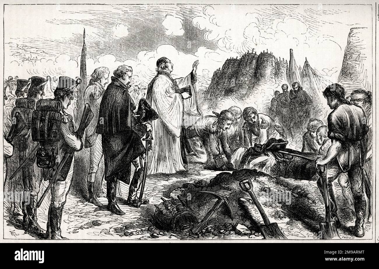 Beerdigung von General Simon Fraser, 8. Oktober 1777, am Tag nach der Schlacht von Saratoga während des Amerikanischen Revolutionskrieges (1775-1783). Stockfoto