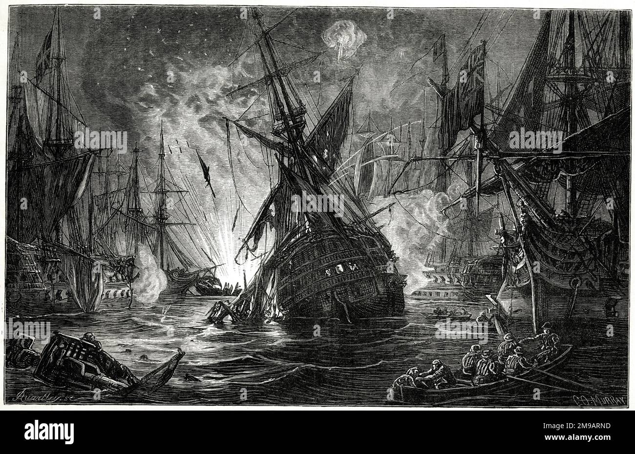 Nilschlacht (Schlacht von Aboukir Bay), Ägypten, Marineschlacht zwischen den Briten (geführt von Nelson) und den Franzosen, 1-3. August 1798. Die Zerstörung des französischen Schiffes Orient am 1. August. Stockfoto