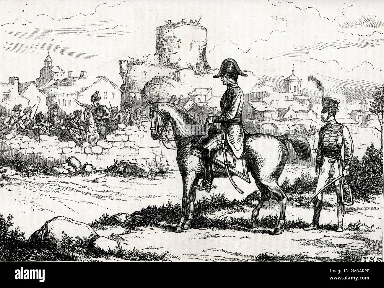 Marschall Soult auf einem weißen Pferd vor der Stadt Alba de Tormes, nahe Salamanca, Spanien, ein Pfleger zu Fuß hinter ihm, in Vorbereitung auf einen Angriff auf die dort stationierten englisch-portugiesischen Streitkräfte am 10. November 1812. Stockfoto