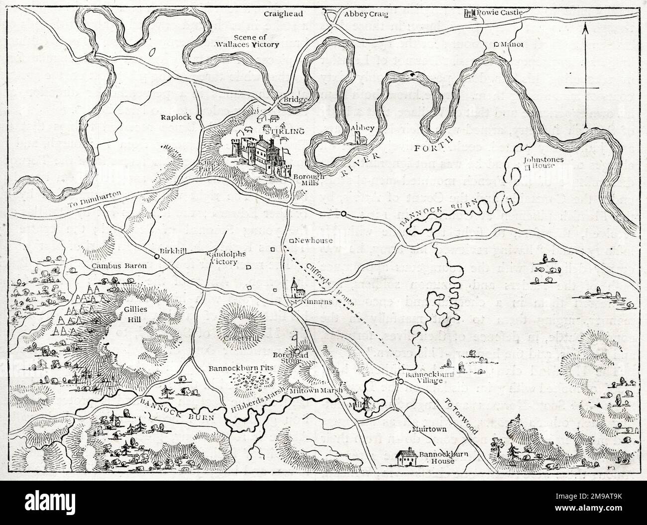 Plan des Schlachtfeldes von Bannockburn, Schottland, 23-24. Juni 1314, Teil des Ersten Unabhängigkeitskrieges Schottlands. Stockfoto