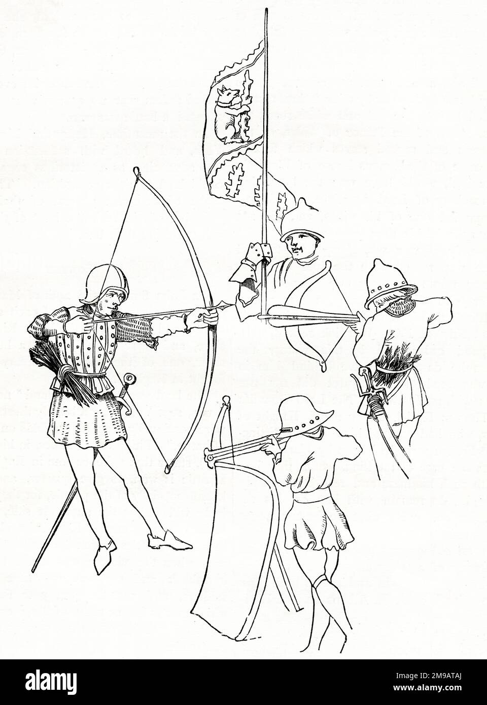 Armbrust-Mann (rechts), Pflaster (Mann schießt von hinter einem länglichen Schild oder Pflaster, unten), Bogenschütze mit Bogen und Pfeil (links) und der Standard von Richard, Earl of Warwick (oben), wie er während der Kriege der Rosen (1455-1487) eingesetzt wurde. Stockfoto