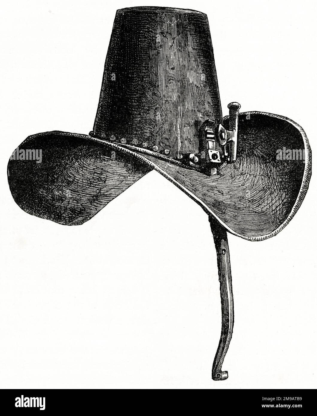 Der Eisenhut von König Karl I., der während des Englischen Bürgerkriegs (1642-1646) getragen wurde, soll im Warwick Castle sein. Stockfoto