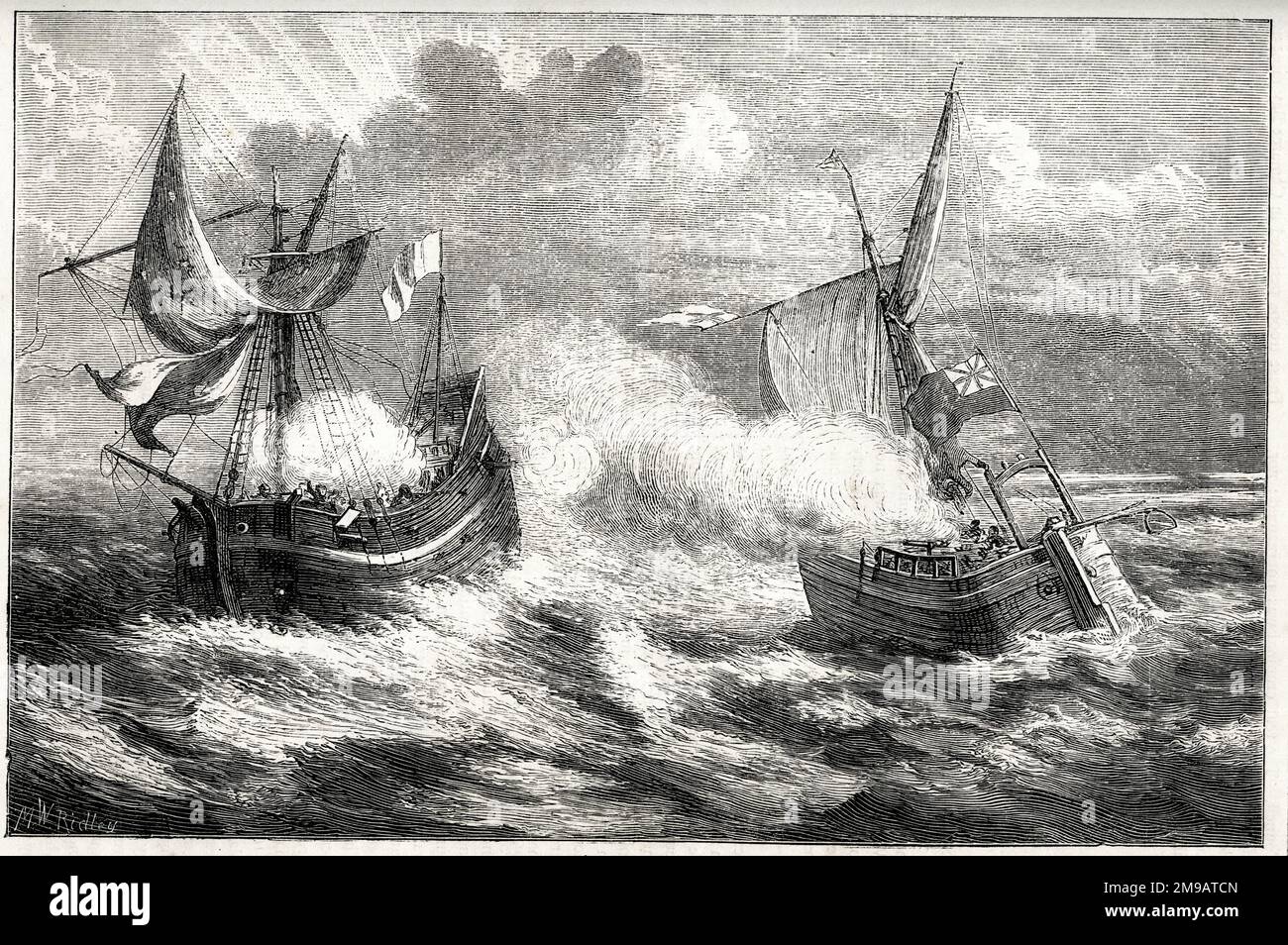 William Thompsons Kampf gegen Poole, Dorset, 30. Mai 1695. Thompson war ein einheimischer Fischer, auf dessen Fischerboot ein französischer Freibeuter in der Nähe der Insel Purbeck geschossen hat. Obwohl er 3 zu 16 und mit wenigen Waffen in der Überzahl war, verteidigte er sich tapfer für zwei Stunden und verwundete einige der französischen Aggressoren. Das französische Schiff geriet schließlich in Schwierigkeiten und Thompson übernahm die Kontrolle, segelte sie nach Poole und erhielt eine Belohnung von den Lords der Admiralität. Stockfoto