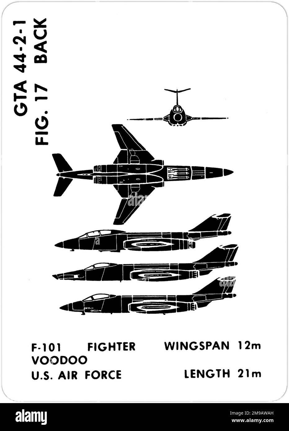 MCDONNELL RF-101C - F-101A - F-101C VOODOO. Dies ist eine der Grafiktrainingshilfen (GTA), die von der US-Armee verwendet werden, um ihr Personal darin zu Schulen, freundliche und feindliche Flugzeuge zu erkennen. Dieser besondere Satz, GTA 44-2-1, wurde July1977 herausgegeben. Das Set umfasst Flugzeuge aus Kanada, Italien, Großbritannien, den USA und der UdSSR. Stockfoto